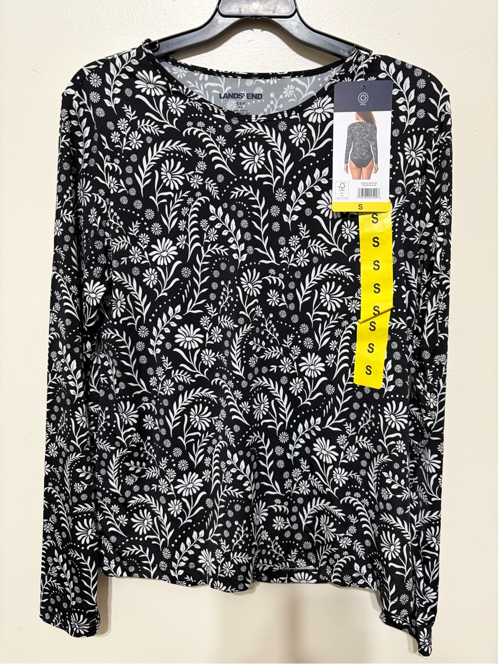 Lands' End Black and White Floral-Print Long Sleeve Tee